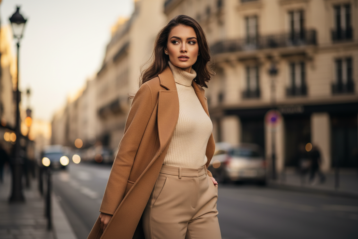 Stylish woman in beige coat walking through a European city